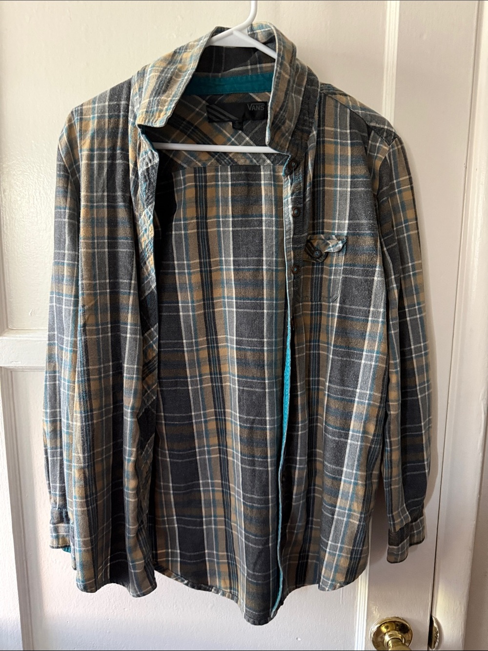 Vans Retro Plaid Flannel Jacket - Gray & Brown with Teal Accent 100% Cotton